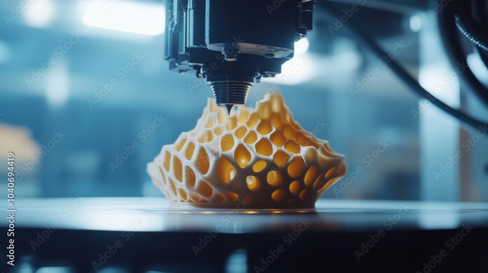 Poster An immersive view of a high-resolution 3D printer in action creating a complex design, Innovation scene, Technical style