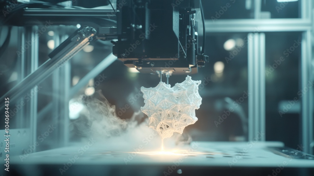 Poster An immersive view of a high-resolution 3D printer in action creating a complex design, Innovation scene, Technical style