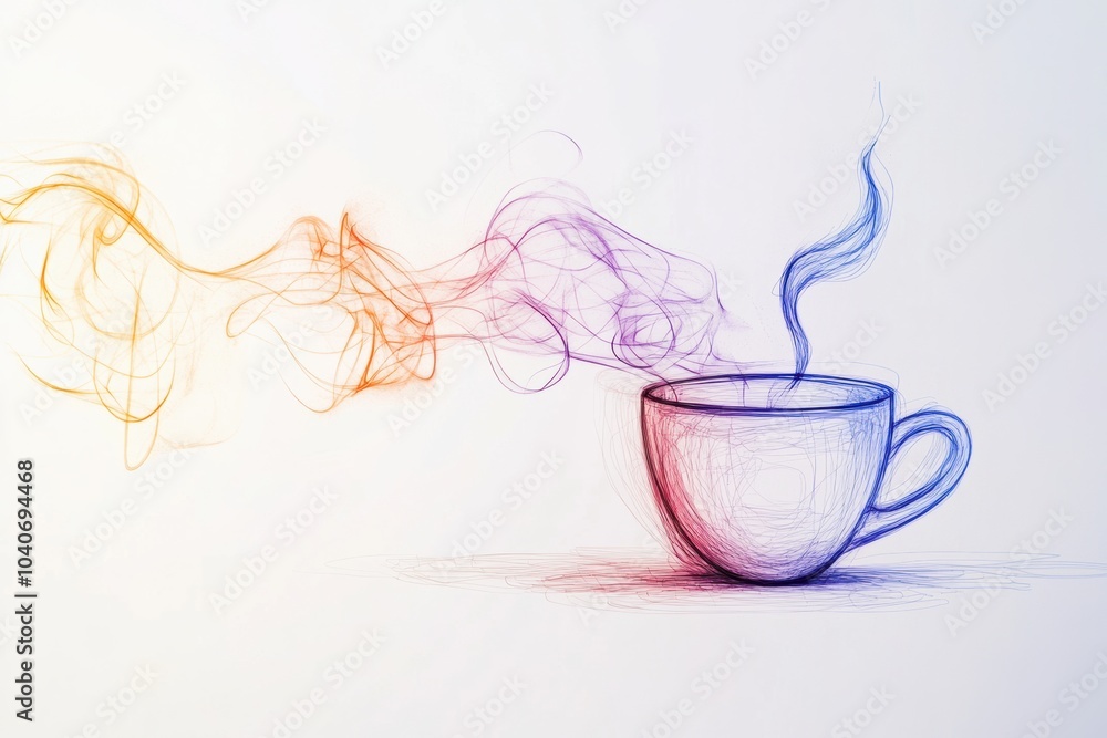 Poster A delicate tea cup is illustrated with a continuous line, emitting soft steam, capturing a moment of warmth and tranquility. Generative AI