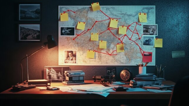 Investigation board with photos, notes, and red string, detailed crime analysis. Mystery and detective concept.
