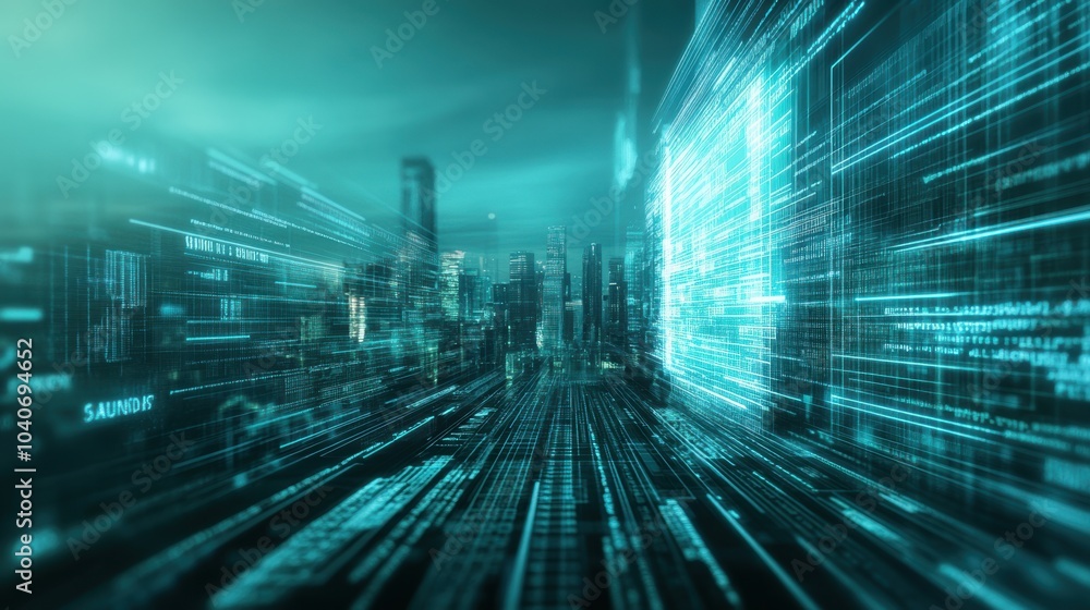 Aufkleber futuristic digital cityscape with glowing code and data streams, abstract technology and cyber conce