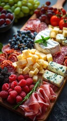 Gourmet cheese board, vibrant colors, delicious dishes, closeup, detailed