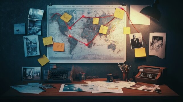 Mystery investigation themed desk with typewriter, world map, red yarn connecting pins,
