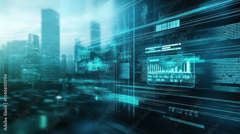 Poster Abstract cityscape with overlay of financial data graphs and digital elements. Future technology and finance concept.