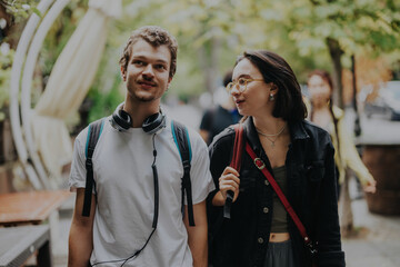 Two friends share a lighthearted moment while strolling through a lively city street. They appear...