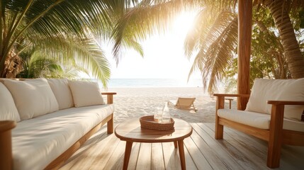 A luxurious outdoor seating area with comfortable chairs and a central table facing the ocean, nestled under lush palm trees in a picturesque tropical paradise.