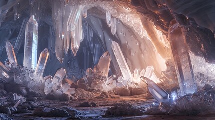 A mesmerizing image of a gypsum crystal cave with massive, transparent crystals jutting out from the cave floor and walls
