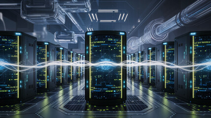 Futuristic Data Center with Energy Flow Visualization