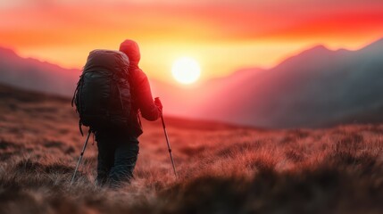 An adventurer strides confidently across a golden field with trekking poles, silhouetted by a glowing sunset, embodying solitude, journey, and dreams of discovery.