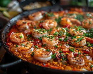 Seafood paella cooking, vibrant colors, delicious dishes, kitchen setting, inviting