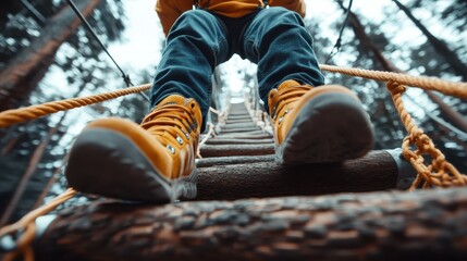 A dynamic perspective view of someone taking bold steps on a rope bridge amidst towering trees in a forest, symbolizing adventure, courage, and exploration.