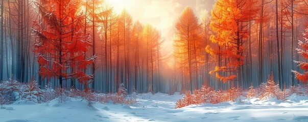 Fototapeta premium Snowy pine forest, vibrant colors, serene environment, wide shot, inviting