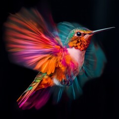 Vibrant hummingbird in full flight displaying stunning colors. This image captures the beauty of nature with clarity and motion. Perfect for wildlife and nature lovers. AI