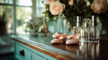 Delicate baby pink shoes with bows are beautifully arranged alongside glass perfume bottles on a wooden surface, framed by soft lighting and floral decor.