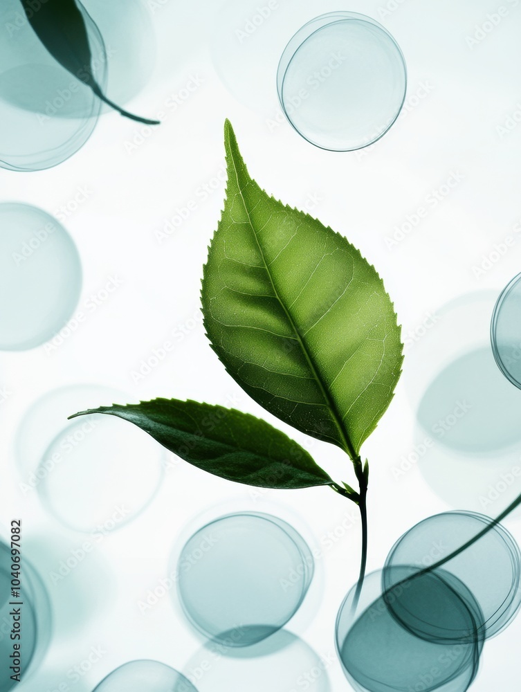 Fototapete a vibrant tea leaf stands out against a backdrop of soft bubbles, creating a serene and peaceful atm