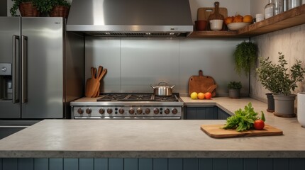 A scene featuring a modern industrial kitchen, highlighting the shiny, smooth surfaces of stainless steel.