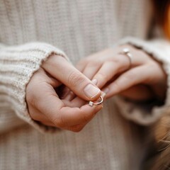Woman hands rejecting engagement ring closeup, boyfriend proposal, relationship, jewelry on light
