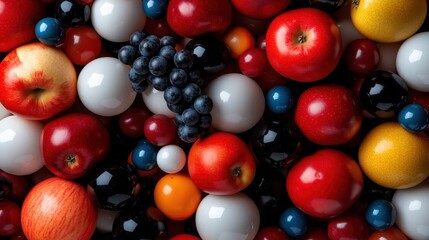 Obraz premium A diverse array of apples mingled with reflective spheres, showcasing a balance of color and shape in a unique and contemporary still life composition.