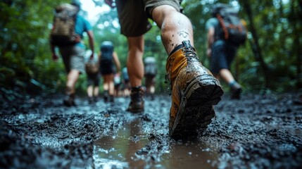 Focusing on the muddy boots of a group hike through a dense forest, this image captures the essence of adventure, endurance, and nature's untamed beauty.