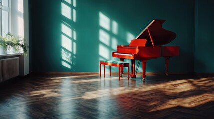 A vibrant red grand piano with a matching bench is elegantly set against a deep green wall, contrasted by sunlight pouring through large windows. Stylish and artistic.