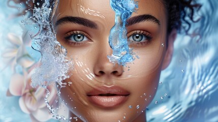 Close-up of a woman's face with a creative splash of water. Beauty and skincare concept with water elements.