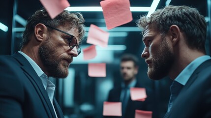 A thoughtful businessman in a suit ponders while surrounded by sticky notes, indicative of brainstorming, planning, and strategic thinking in a corporate environment.