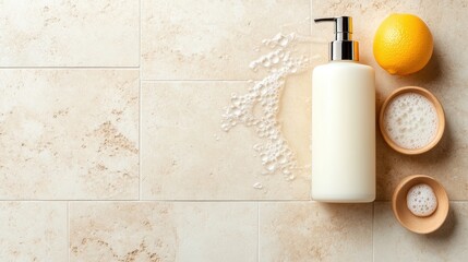 Bathroom amenities with soap dispenser and natural sponge. Top view on beige stone tiles.