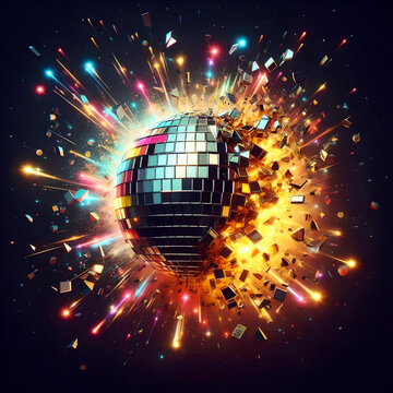 Exploding disco ball with lights on black background