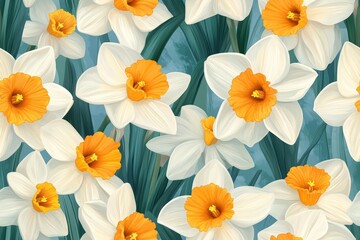 Beautiful daffodils blooming with vibrant yellow centers and lush green leaves.