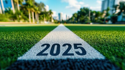 Obraz premium 2025 number on a running track, urban skyline in the background