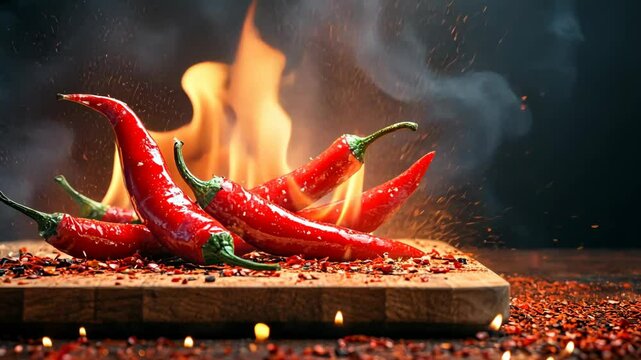 Red chili peppers are on fire on a wooden cutting board