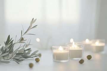 Scented candles and a sprig of olive branches on a white surface.