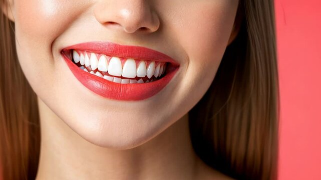 A close-up of a woman smiling with bright white teeth and red lipstick against a pink background