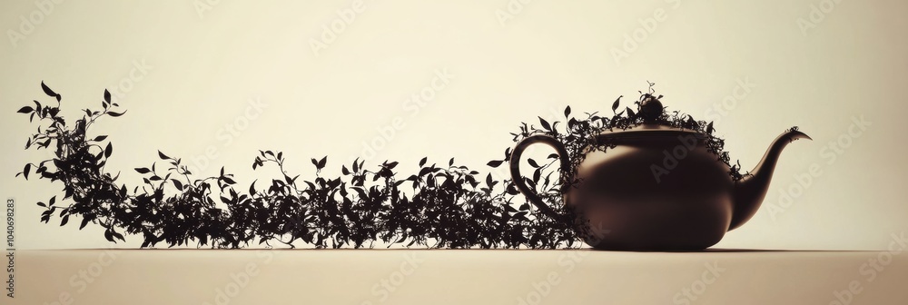 Poster a teapot silhouette transitions into delicate tea leaves, creating a seamless blend of form and natu