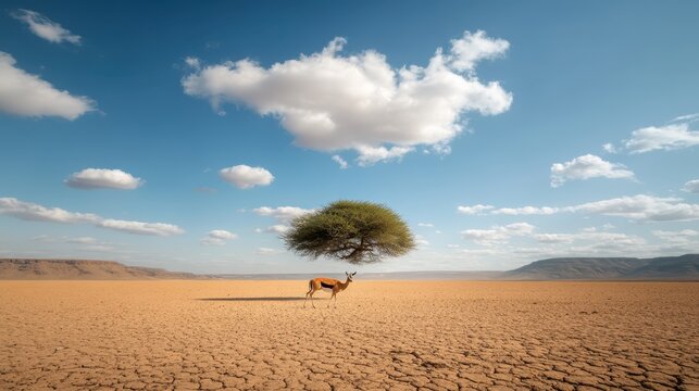 An antelope finds shade under a solitary tree in a sun-parched desert landscape, casting a stark shadow against the cracked earth and clear blue skies. - Powered by Adobe