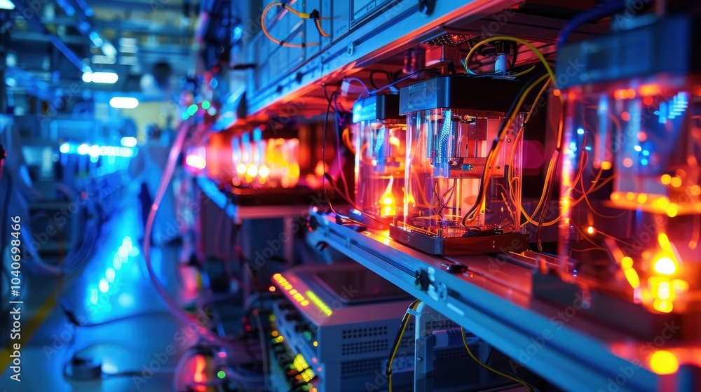 Poster glowing quantum computing lab with advanced servers