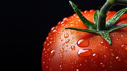Close-up of fresh tomato with water droplets. Macro shot with dark background.