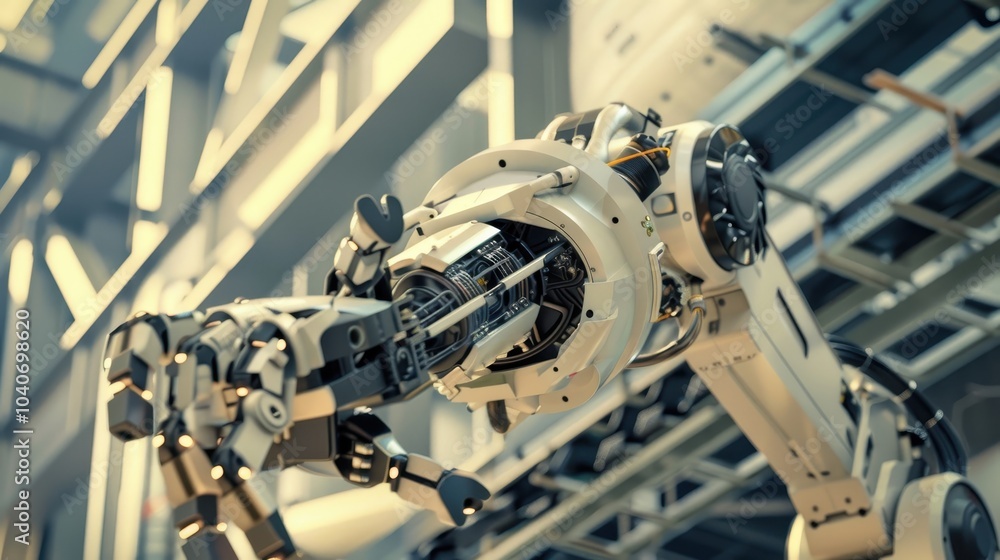 Aufkleber robotic arm assembling complex components in factory scene