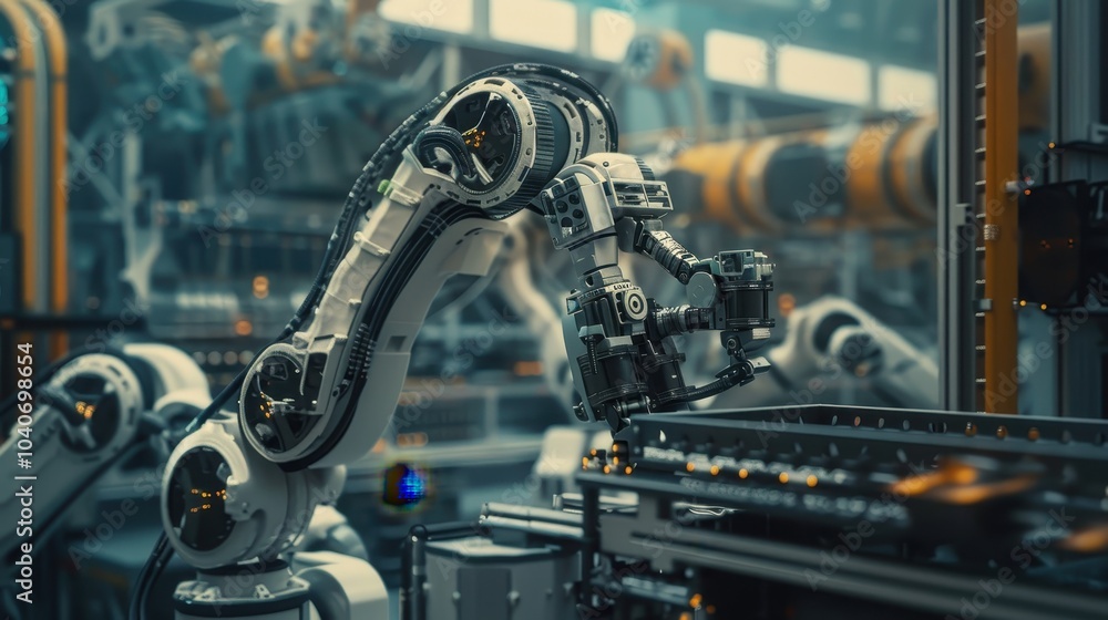 Poster robotic arm assembling complex components in factory scene
