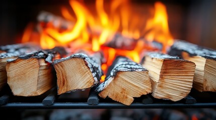 A detailed close-up captures the mesmerizing flames dancing around logs in an intense, fiery blaze, showcasing the power and warmth of a glowing campfire scene.