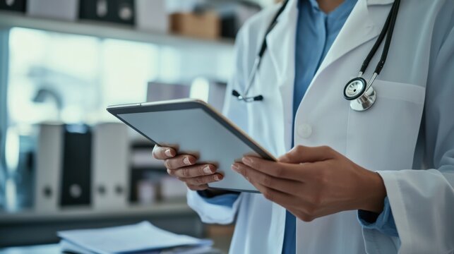 A doctor reviewing a patient's medical history on a tablet in a well-organized consultation room, with medical files and office decor visible, Digital style