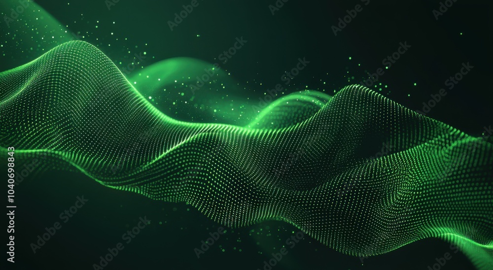 Aufkleber Abstract green wave made of dots and particles on a dark background, an AI technology concept. Abstract digital background with a wavy structure.