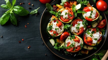A vibrant dish featuring zucchini cups stuffed with rice, herbs, and tomatoes, beautifully garnished for a fresh and healthy meal. Perfect for a vegetarian delight.