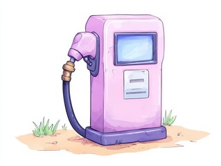 A colorful fuel pump illustration with a purple design against a white background.