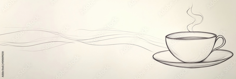Poster A continuous line creatively illustrates a tea cup with steam curling upwards, evoking warmth and comfort in a serene environment. Generative AI