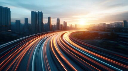 Obraz premium Rush hour city traffic on modern highways at sunset. Urban transportation and city life concept.