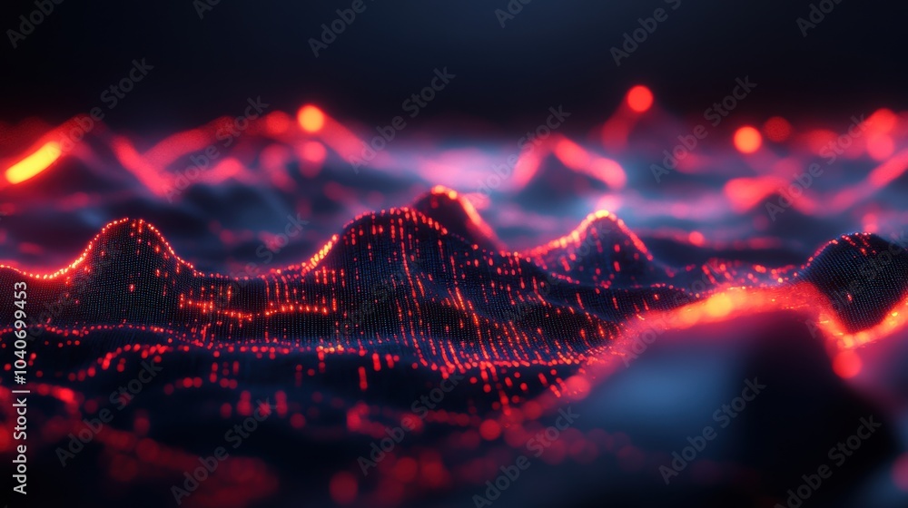 Poster dynamic red digital landscape, abstract technology and data concept on a dark background.