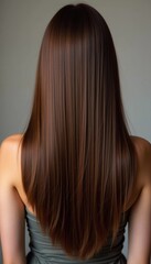 Naklejka premium Smooth, straight brown hair flows elegantly down back, highlighting its healthy shine and uniform color, illuminated by soft lighting, creating striking look. Hair care, the effect of cosmetics. AI