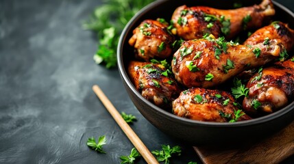 Sizzling grilled chicken drumsticks, topped with fresh herbs, filling a dark ceramic bowl, offering tempting culinary allure and appetizing delight.