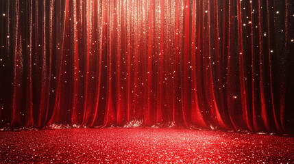 A red curtain with glittery red fabric hanging from it .Curtain, sequined drape.